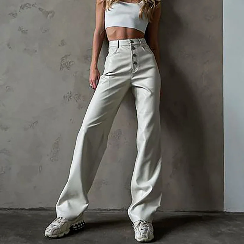 

CNACNOO Fashion White PU Leather High Rise Pants Streetwear Casual Button Up Straight Leg Pants for Women Trousers Pants