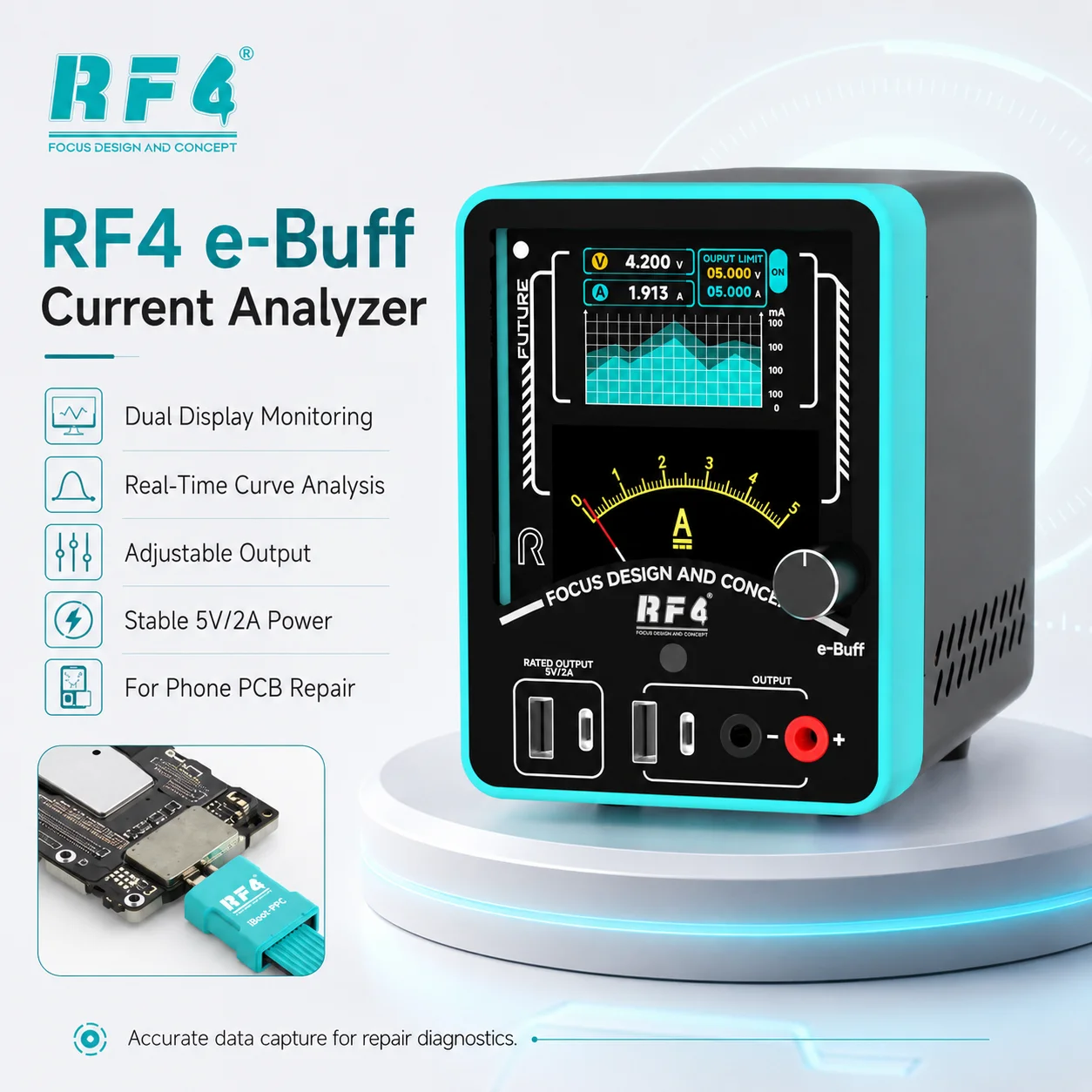 RF4 e-Buff Current Analyzer Dual Screen LCD Curve Display 5V 2A Adjustable DC Power Supply for iPhone PCB Repair Test Tool