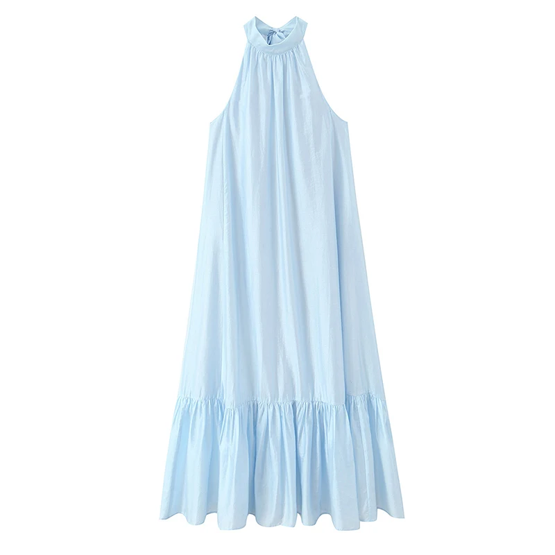 YENKYE Elegantes hellblaues ärmelloses Neckholder-Kleid für Damen, A-Linie, Midi, Sommerurlaub, Vestidos