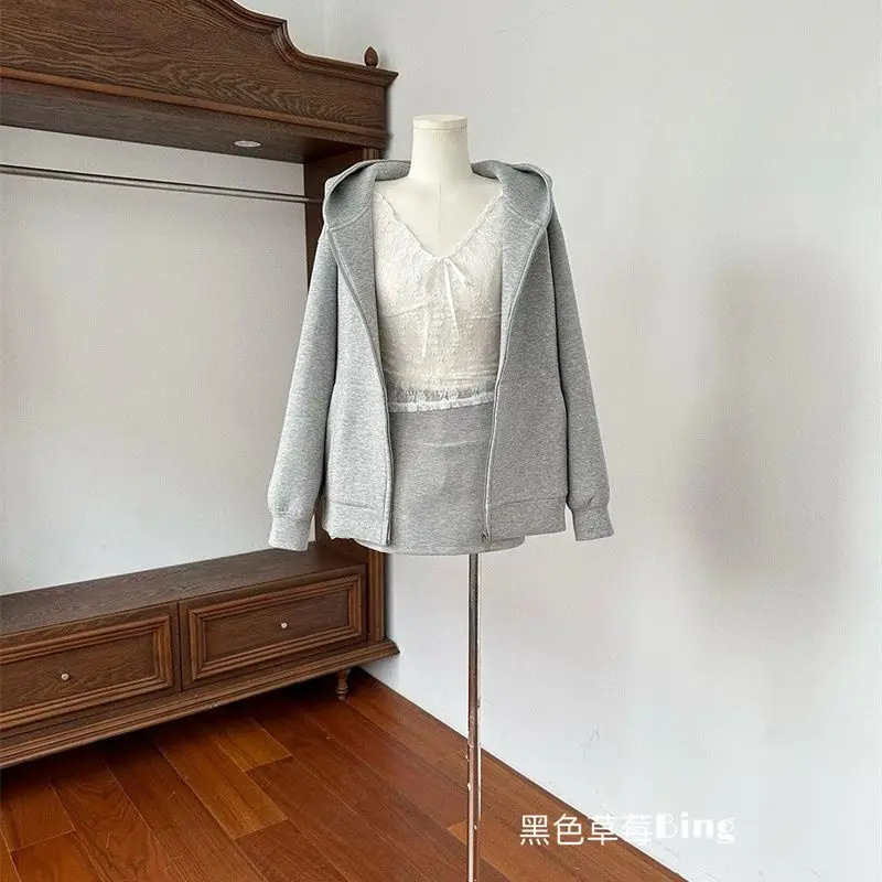 Autumn Korean Sweet Style Black Fungal Edge Lace Splicing Hoodie Coat Loose Casual Versatile Zipper Top Female Clothing