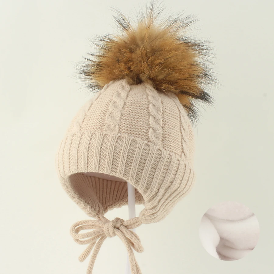 حقيقي الراكون الفراء Pompom قبعة الأطفال فتاة صبي شتاء دافئ زائد المخملية محبوك الصوف بيني للأطفال في الهواء الطلق إيرفلاب قبعة الطفل #3