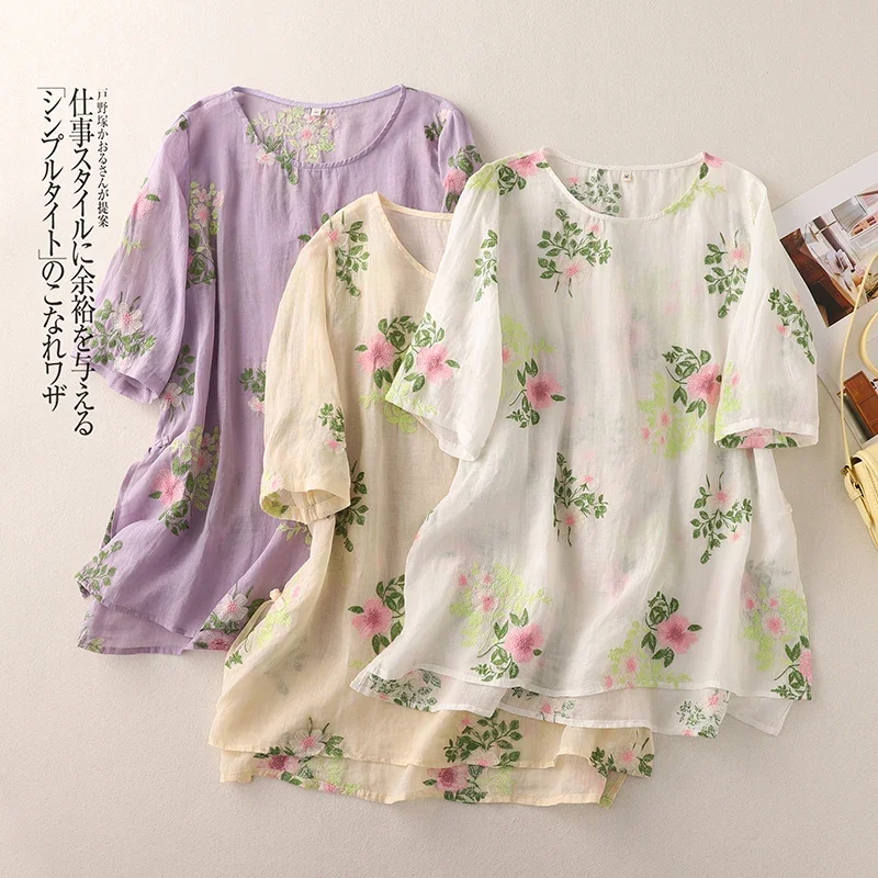 

Linen printed five-minute sleeve round neck shirt female summer new literary retro light loose large size casual blouse V1463