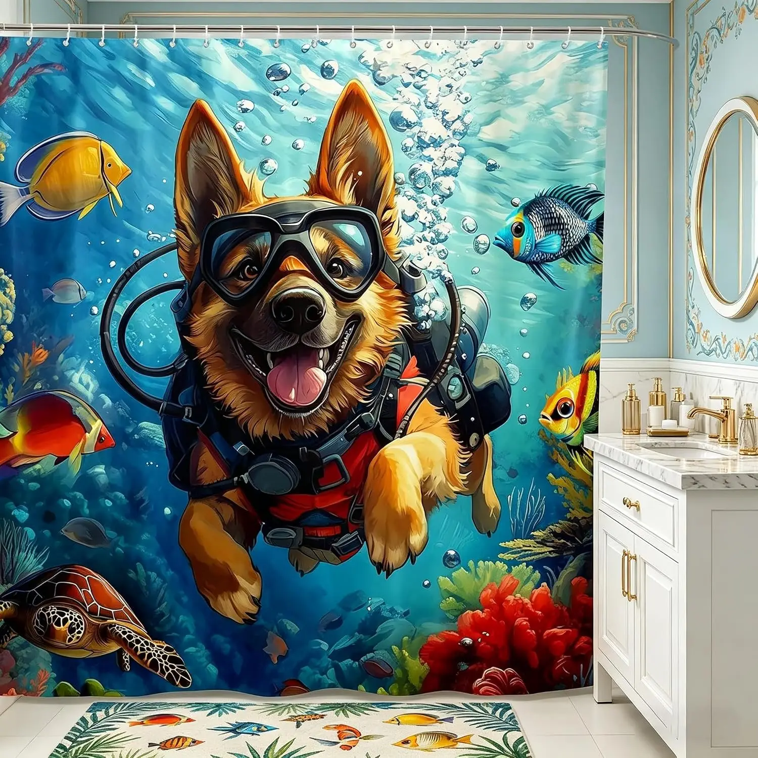 Funny German Shepherd Diving Shower Curtain, Underwater Dog Scuba Gear Bath Decor, Colorful Sea Life Art, Waterproof Polyester