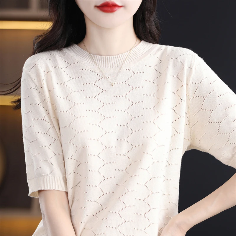 Women O-Neck Hollow Out Knitted Blouse Sweater Solid Slim Cotton Pullover Shirt Korea Fashion All Match Knitwear Female