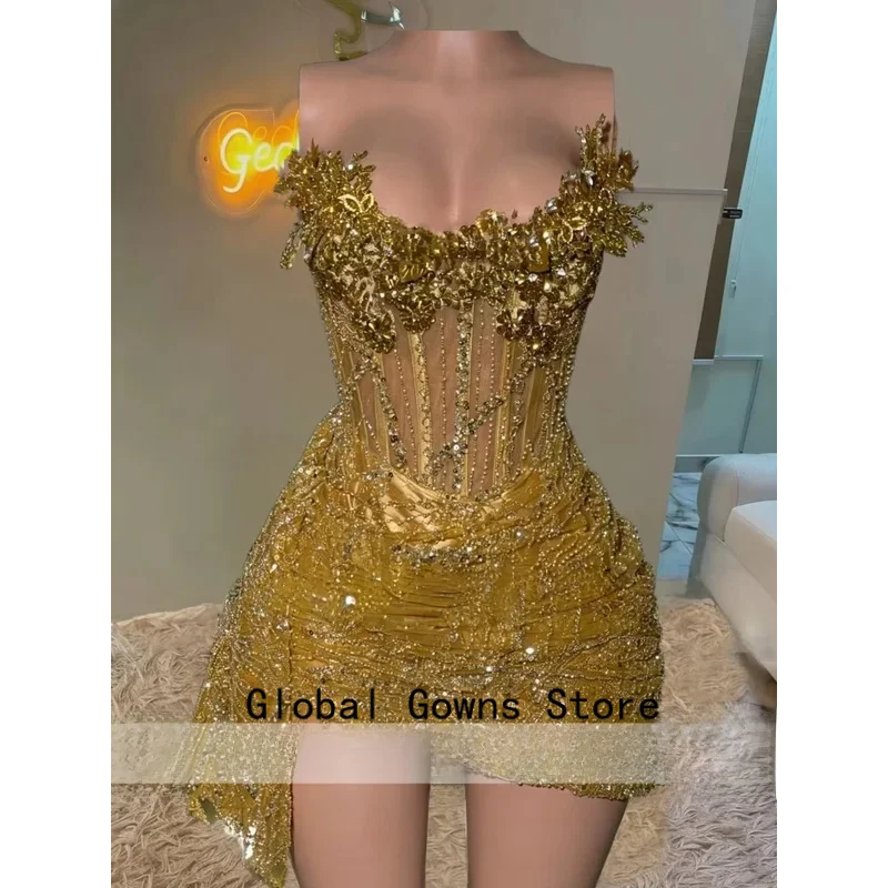 Glitter Gold Beaded Homecoming Dress 2027 Black Girl Gems Diamonds Mini Cocktail Party Gown Prom Party Gowns Customized