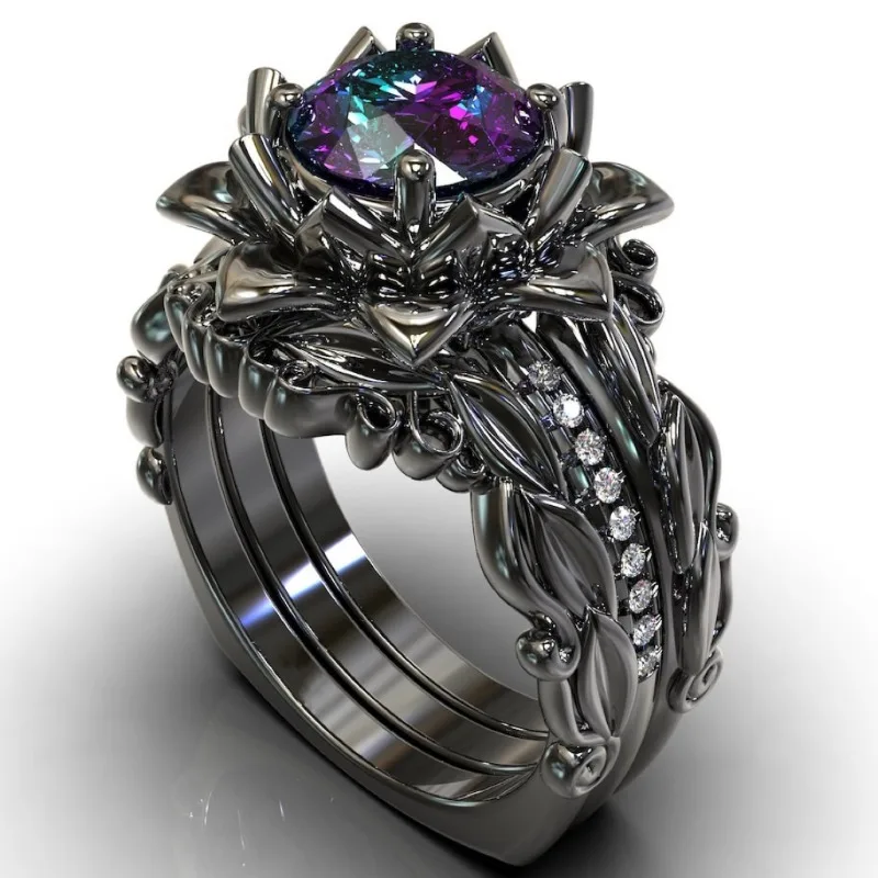

Best-selling Gun Black Rose Zircon Inlaid 3-piece Ring Set - Hot Fashion Light Luxury Engagement Gift Jewelry for Women