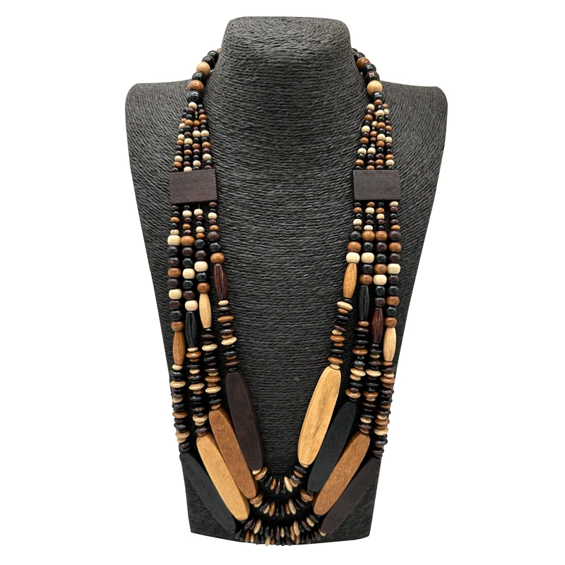 Handmade Long Wooden Necklaces Pendants Layered Sweater Chain Boho Beaded Jewelry Party Choker African Necklace Women