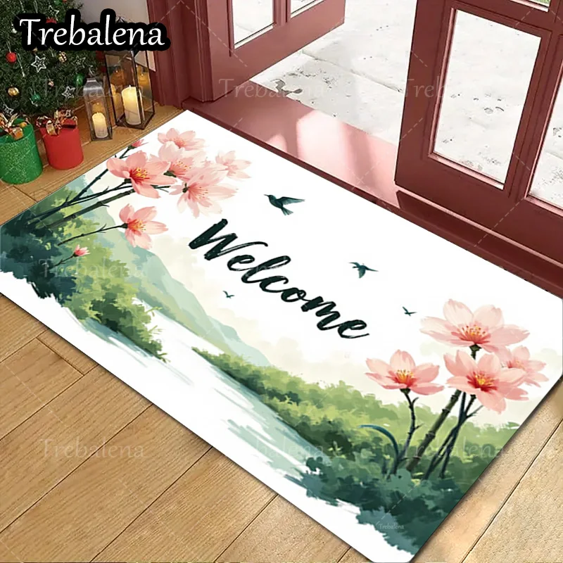 

1pc Welcome Door Mat Welcome Mat with Floral and Mountain Design for Home Entrance Decor