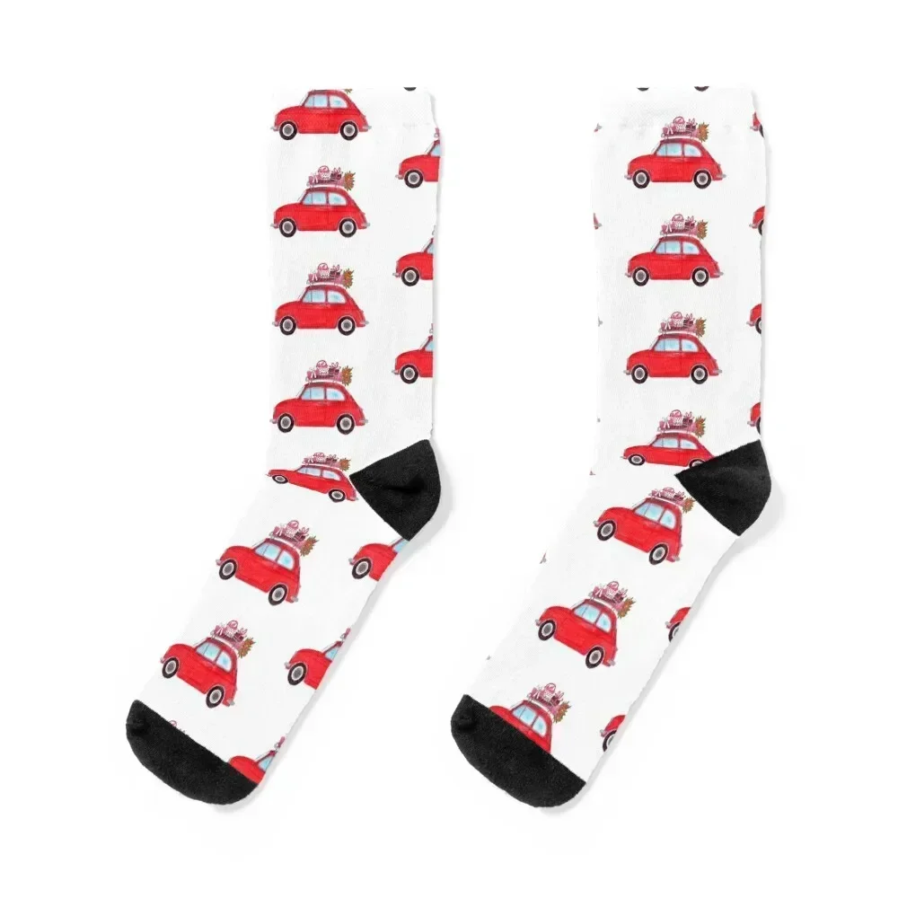 

Red Retro Fiat 500 with Gifts Socks new in's shoes happy warm winter Socks Man Women's