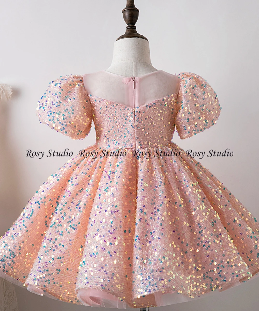 Vestidos de flores rosas brillantes para niñas, cuello redondo, manga corta, vestidos de baile, línea A, Vestido corto para niños, fiesta de cumpleaños