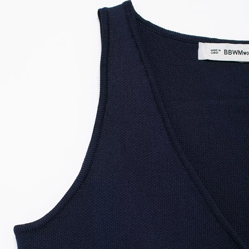 Willshela Women Fashion Navy Blue Single Breasted Knitted Vest Tank Tops Vintage V-Neck Sleeveless Female Chic Lady Top