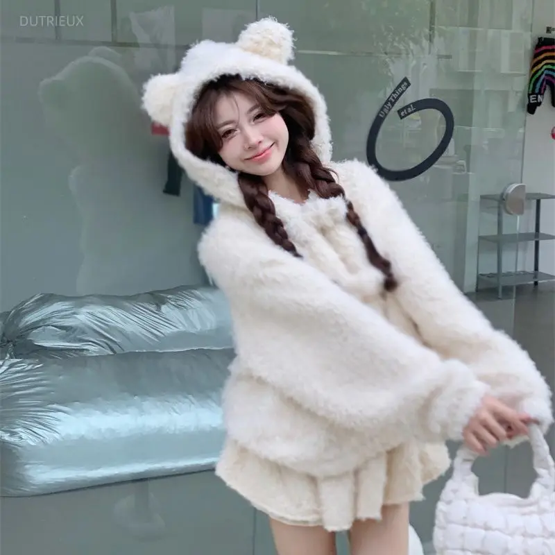Winter Sweet Cute Solid Warm Fur Hooded Coats Y2k High Street Punk Japanese Short Skirts Harajuku All Match Punk 2 Piece Sets