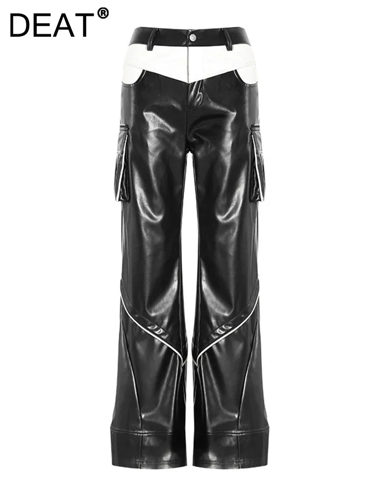 DEAT Fashion Women Pu Leather Pants High Waist Contrast Color Pockets Deconstruction Full-length Trouser Autumn 2024 New 7AB4744