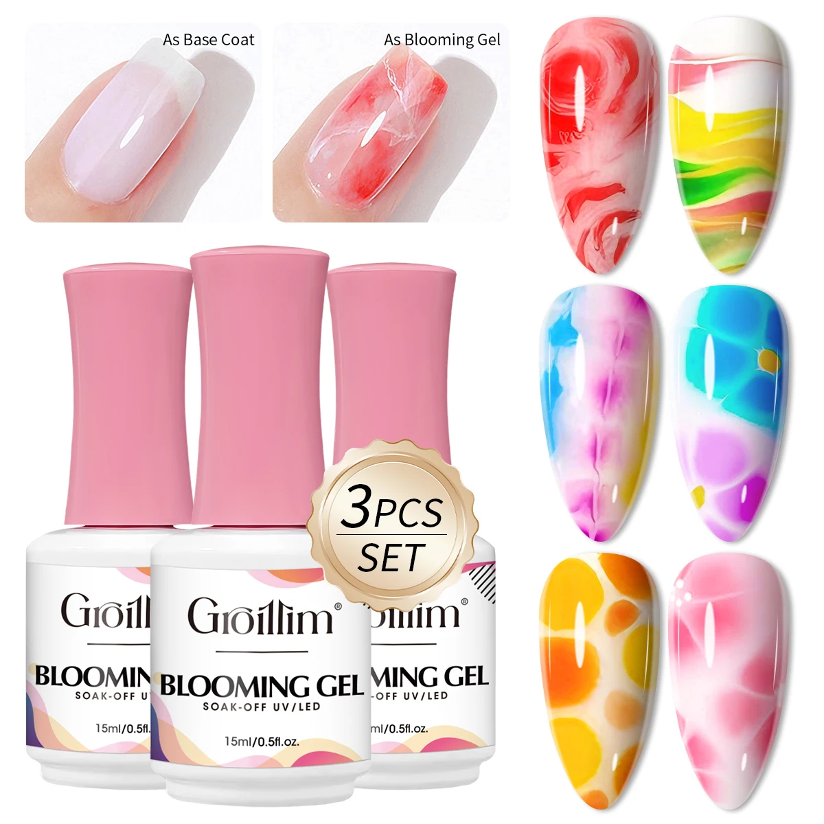 

Groillim 3-pack, 15ml each, clear gradient base coat, removable nail polish, for creating a marble effect with watercolor flower