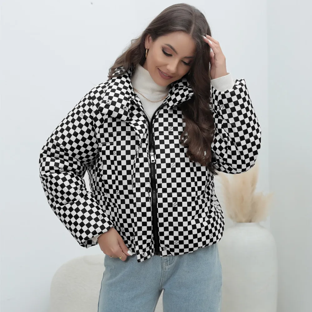 2025 Plus Size Checkered Puffer Coat Warm Quilted Hooded Parka Stand Collar Patch Pockets Windproof Loose Fit Winter Jacket