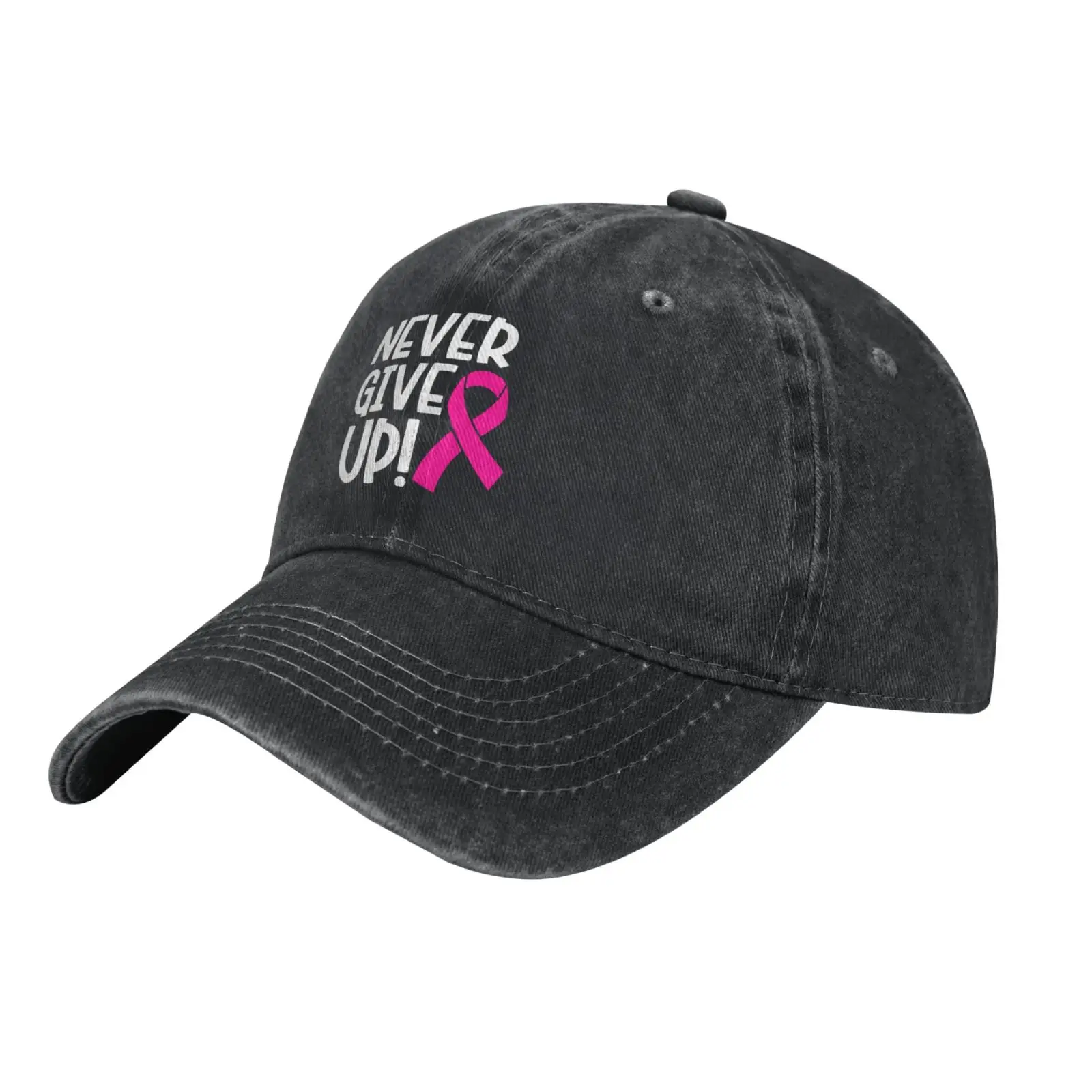 Distressed Washed Cotton Baseball Cap Never Give Up Pink Ribbon Print Adjustable Soft Dad Hat Unisex Casual Outdoor Sun Hat