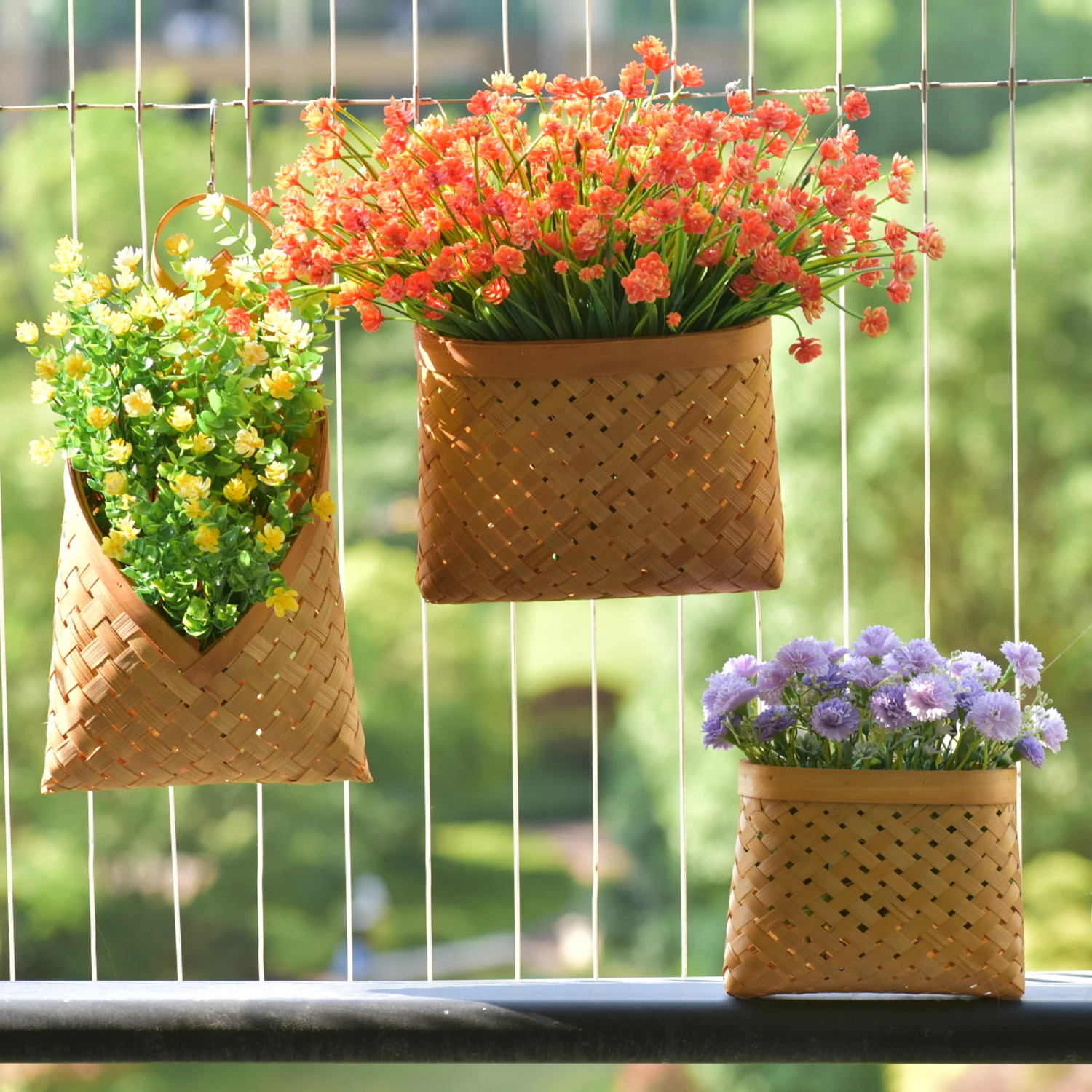 Bamboo Wicker Hand-woven Basket Eco-Friendly Wall Hanging Vase Hand Made Flower Pot Storage Container Home Garden Decoration