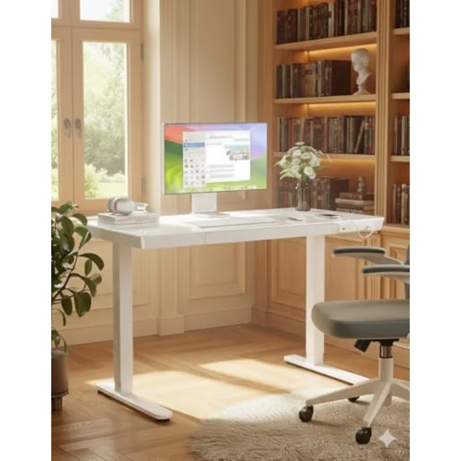 Electric Height Adjustable Standing Desk with Drawer 48 x 24 Inch OnePiece Tabletop Builtin USB Charging Ports SitStand Desk wi