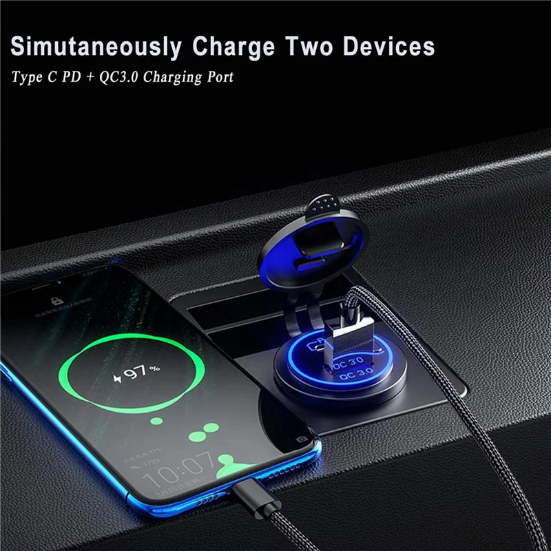 

M13K-10X PD Type C USB Car Charger And QC 3.0 Quick Charger 12V Power Outlet Socket With ON/Off Switch,Blue