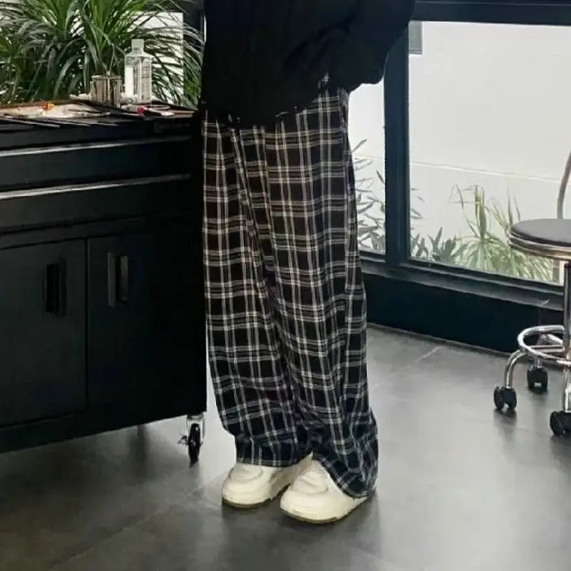 

Черные женские клетчатые брюки, повседневные свободные широкие брюки большого размера в стиле ретро, Harajuku, хип-хоп, универсальная уличная одежда S - 3XL