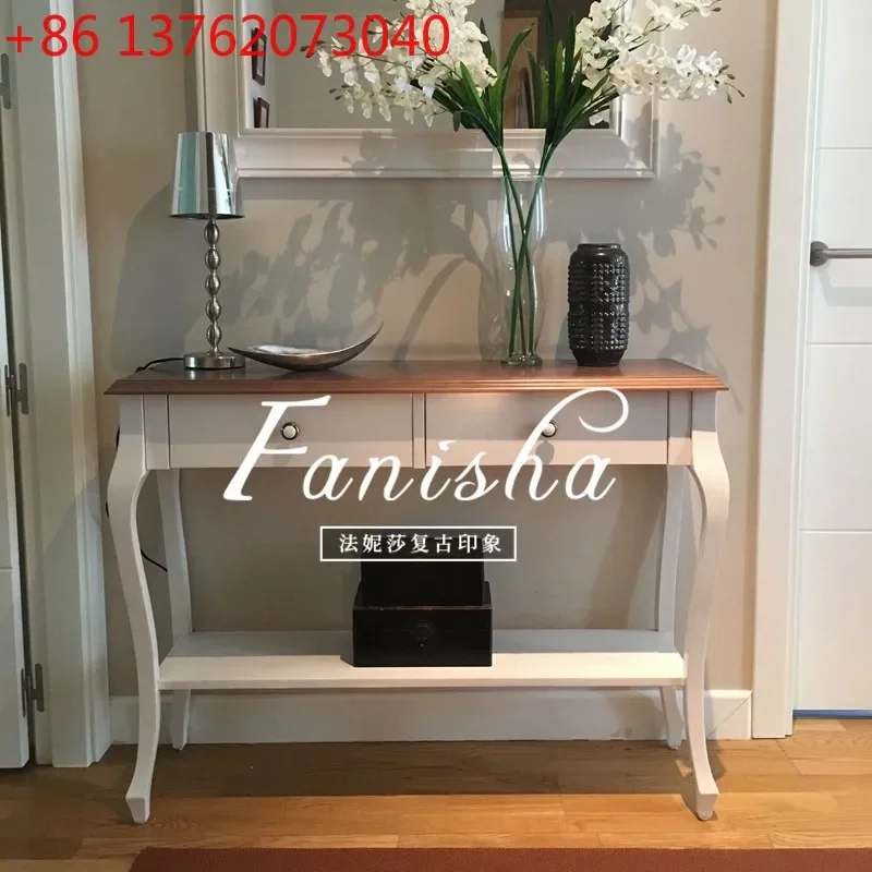 French solid wood porch table against the wall cream white aisle entry porch cabinet rack