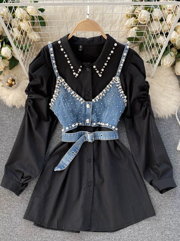 Spring Autumn New Temperament Blouse Female Lapel Beaded Stacking Bead Blusa Sling Waistcoat C Fashion Two-piece Shirt C814