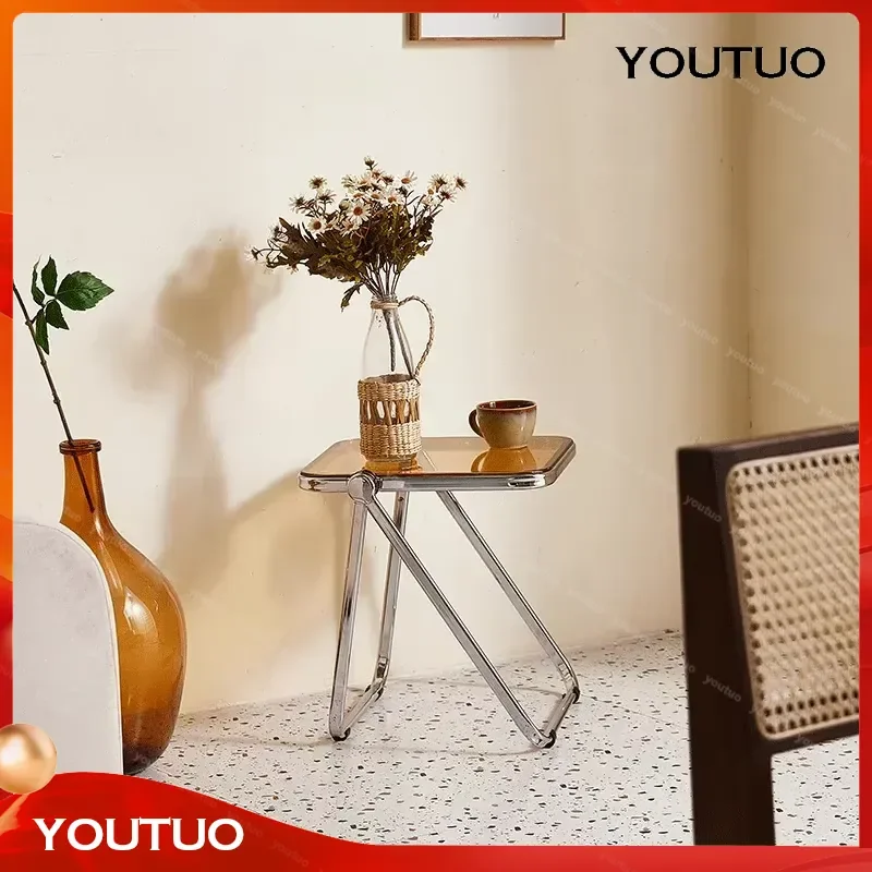 Modern Classic Folding Side Table Colorful Clear Transparent PC Plastic Top with Chrome Frame Coffee Tea Table for Living