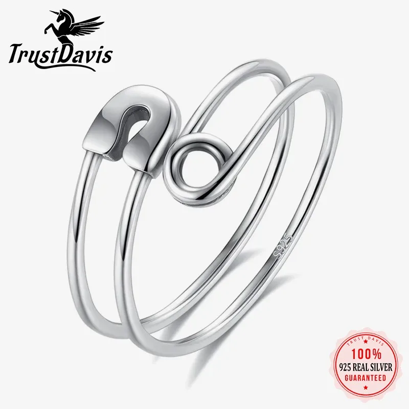 TrustDavis Echter 925 Sterling Silber Büroklammer Offener Ring für Frauen Hypoallergen Verstellbarer Edel-Schmuck Tägliches Geschenk DA2587