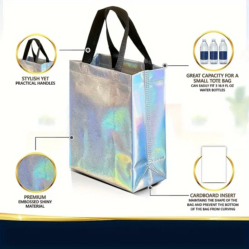 10pcs Iridescent Gift Bags Stunning Reusable Holographic With Handles Birthday Gift Bags Party Favor Bags10.2 x 7.9 x 3.9 inch