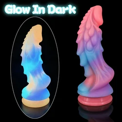 Nuovi Dildo luminosi colorati incandescente enorme pene anale Butt Plug giocattoli punto G a forma di drago mostro Dildo con ventosa donna