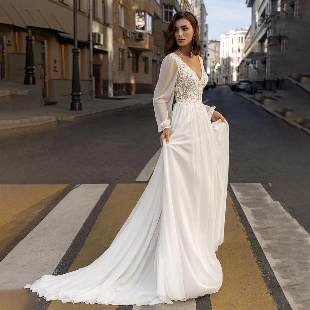 Charming Long Sleeves Wedding Dress Deep V-neck Chiffon Beach Bridal Gown Custom Made Lace Bride Dress Vestido de Novia