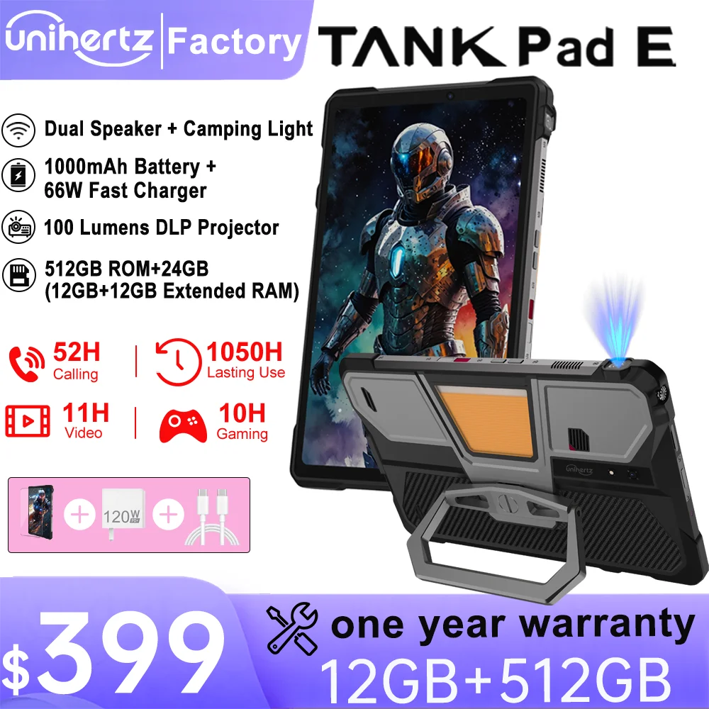 Unihertz 8849 TANK PAD E Rugged Projector Tablet Smartphone 10.95 inch 24GB 512GB 21000mAh 32MP 50MP Camera Android 14 Phone PAD