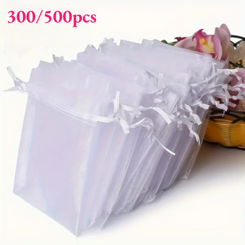 

300/1000 шт. Органзовые прозрачные подарочные мешочки на завязках для свадебных подарков, украшений, конфет и декора, с завязками-шнурками