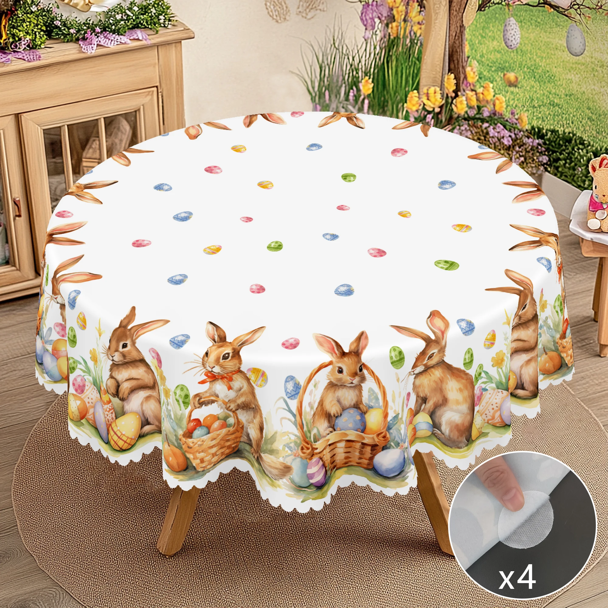 1 Easter Round Tablecloth, 5 Sizes Available, Easter Tulip Egg Rabbit Printed Square Tablecloth, Edge Embossing Process, Spring Garden Tablecloth