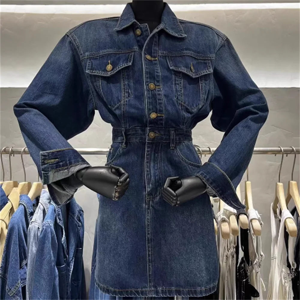 

vintage denim dress slim waist new long-sleeved POLO collar buttocks Dress female spring