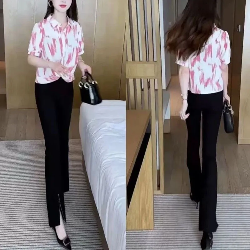 Summer New Women's Blouse Minimalist Comfortable Polo-Neck Button Printed Elegant Fashionable Loose Short Sleeve Shirt Tops