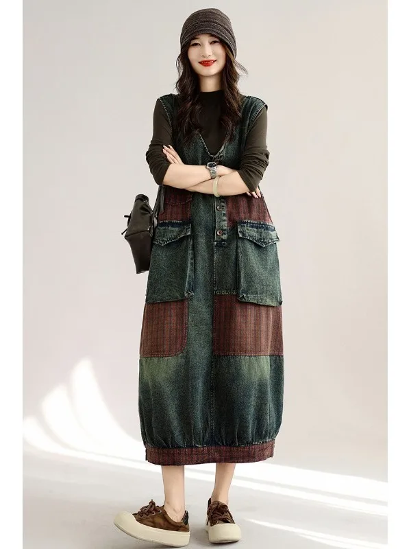 Casual Large Size Women's Jeans Plaid Skirt Slimming Shoulder Strap Dress Natural Waist A-Line Skirt Short Sleeve Dress