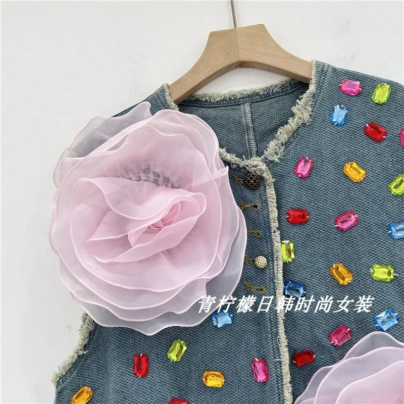 Chaleco Retro con cuello redondo, chaqueta vaquera sin mangas con cuello en V, diseño de cristales coloridos, flor rosa, 2024