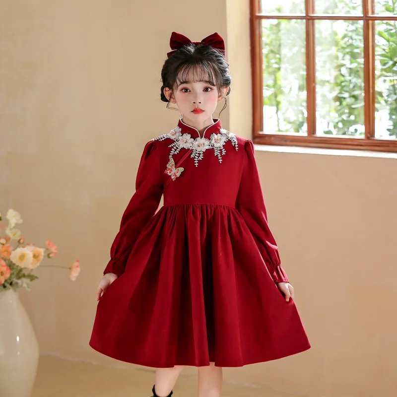فستان الأميرة للفتيات 2025 فستان أطفال جديد نمط هانفو ملابس يومية لموسم الخريف والشتاء فستان شعور راقي