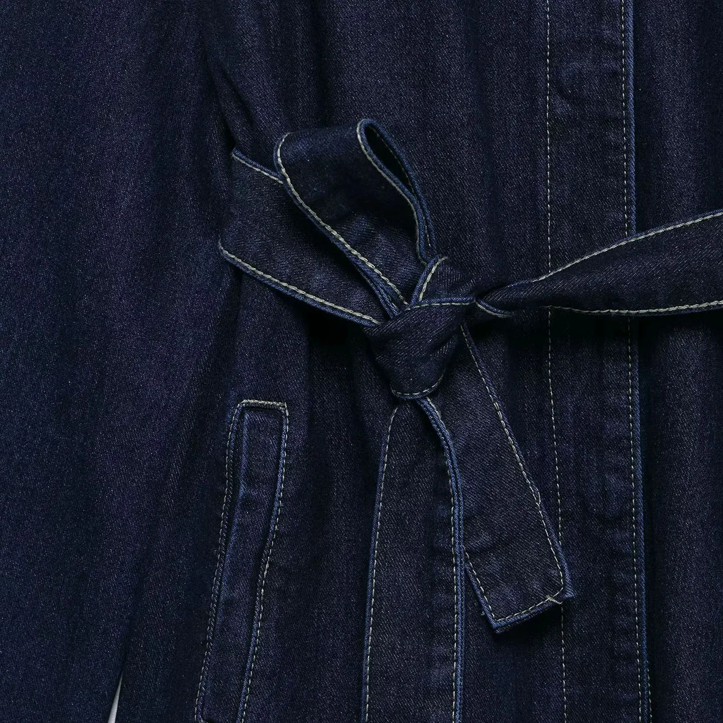 CH Damen Denim Zweiteiler: Langärmelige Jacke mit Gürtel und Weitbein-Jeans, Lässiger Street-Style Anzug für Damen, Herbst-Winter-Stil – Detail 7