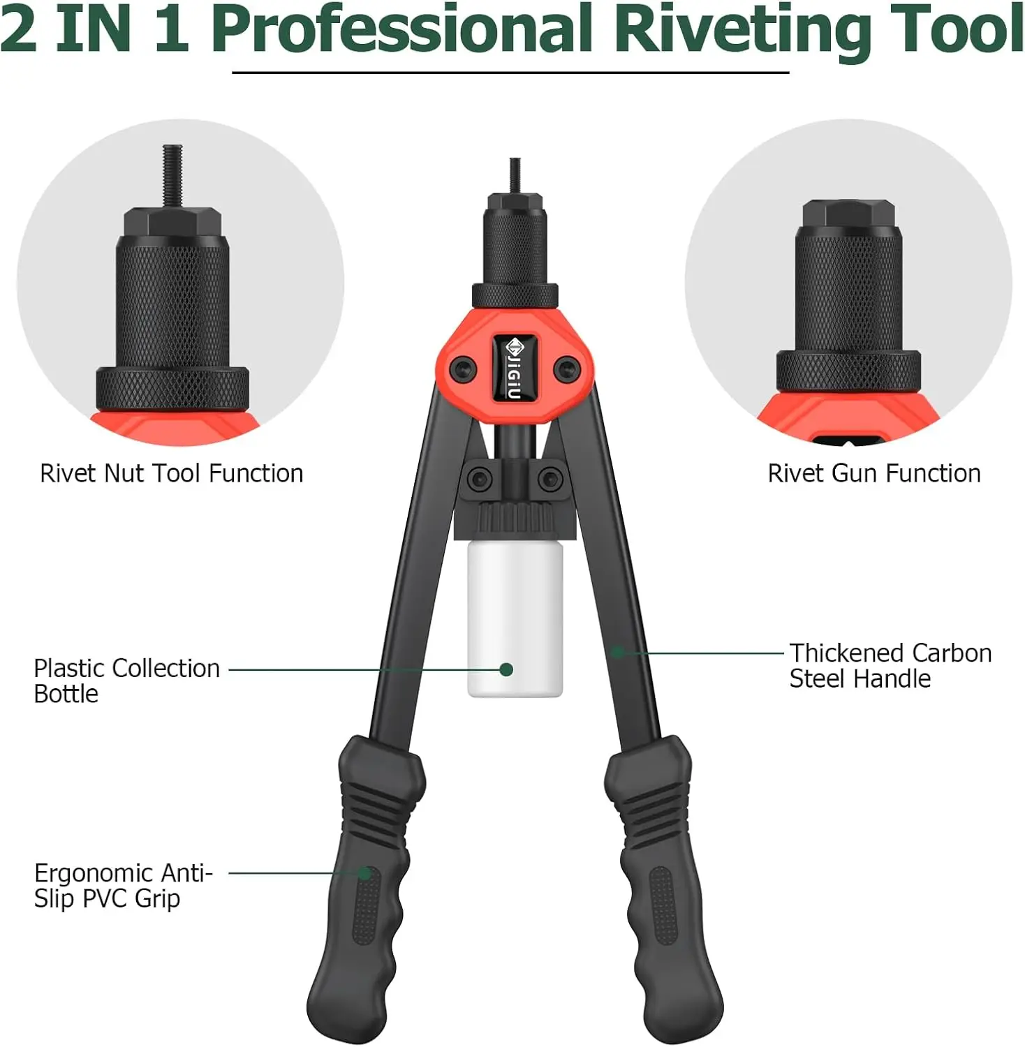 JiGiU 2-in-1 Rivet Nut Tool, 7 Mandrels, 5 Nozzles, 110 Nuts, 50 Rivets.
