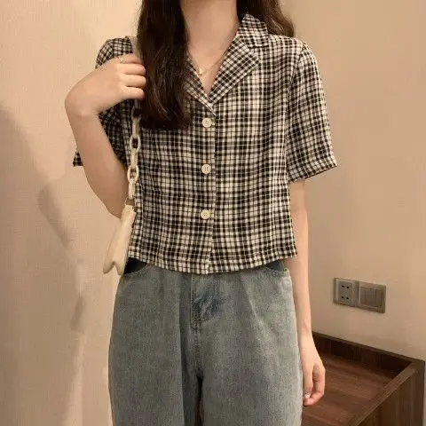 

Женский тонкий топ в стиле ретро с короткими рукавами, свободный клетчатый костюм, короткая рубашка с воротником