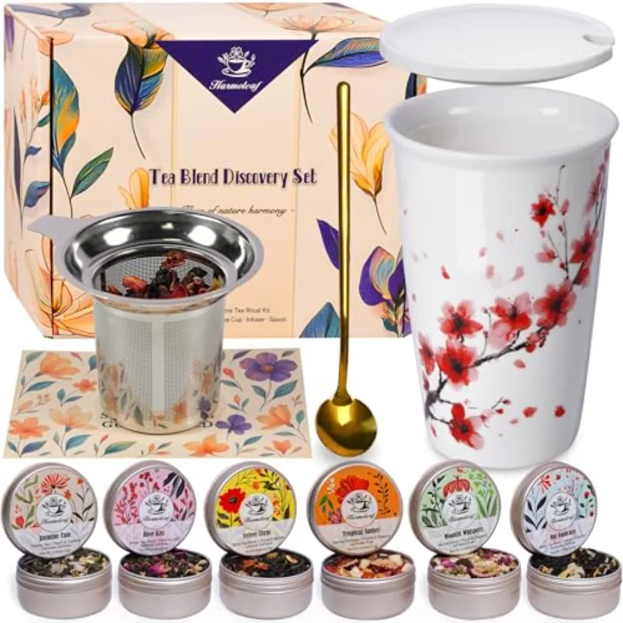 

Tea Gift Set for Women - 6 Herbal Loose Leaf Tea Blends, Insulated Ceramic Cup with Infuser and Lid Birthday, Mother's Day, Ann