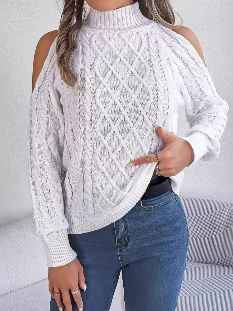 

Autumn Winter Elegant Woman Sweaters Solid Color Off Shoulder Round Neck Pullover Hollow Out Lantern Sleeve Twist Knitted Tops