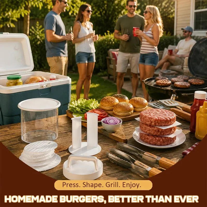 Multi-Layer Burger Patty Maker with Storage Container, Non-Stick Beef Press Mold, Freezable Hamburger Patty Box for BBQ Camping