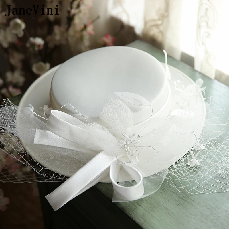 JaneVini 2023 White Wedding Hats for Women Elegant Fashion Ladies Tea Party Headdress Flowers Bridal Hats Court Head Accessories