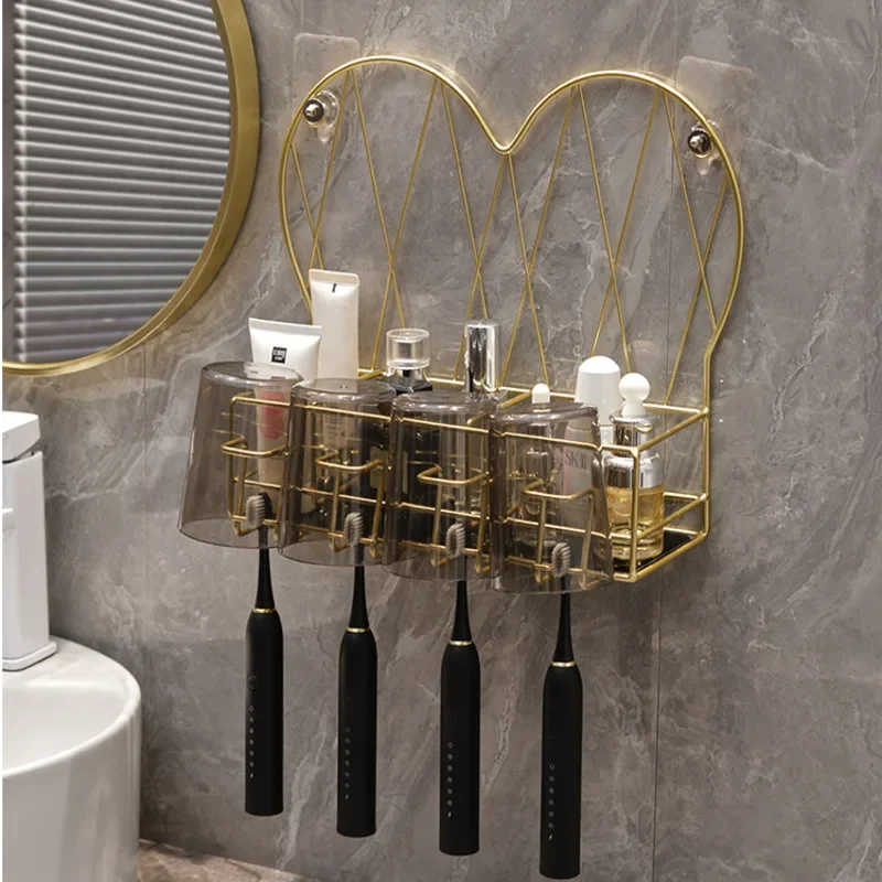 Simple Heart Wall Hooks, Multifunctional Bathroom Rack, Iron Material Storage Baskets, Waterproof, Rust Storage of Cosmetics