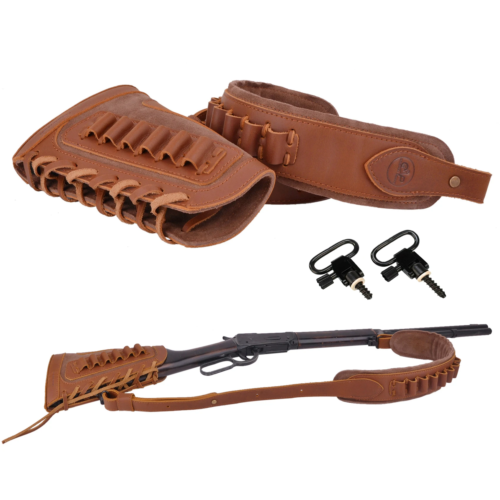 

Combo of Leather Rifle Buttstock Cheek Rest Cover With Gun Sling Strap Swivels For .308 .30-06 .45-70 .40-65 410GA .22-250