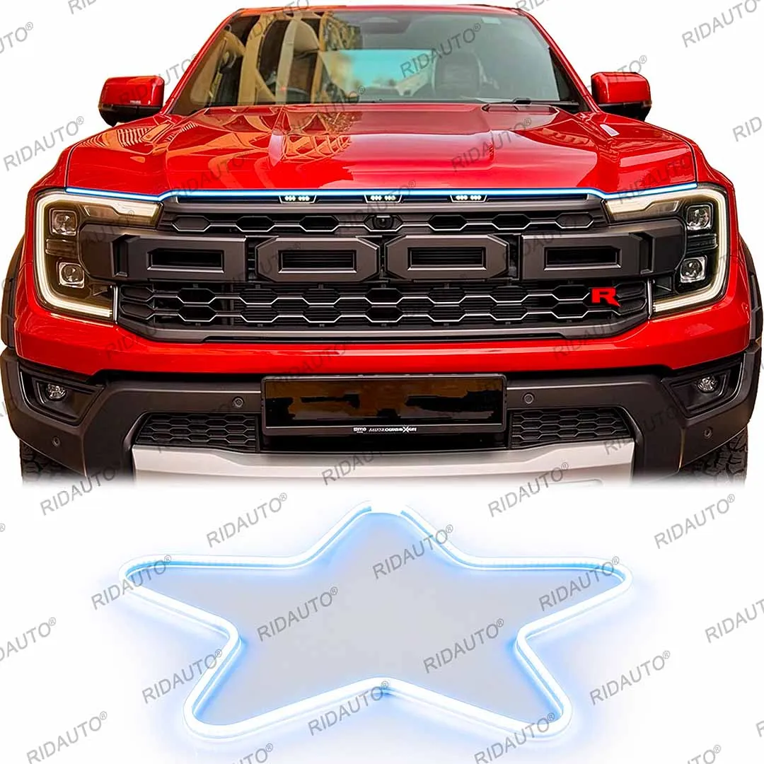 Car Front Grille Hood LED Through Strip Light For Ranger T9 Raptor Wildtrak 2023-2026 Dynamic Startup Animation DRL Accessories