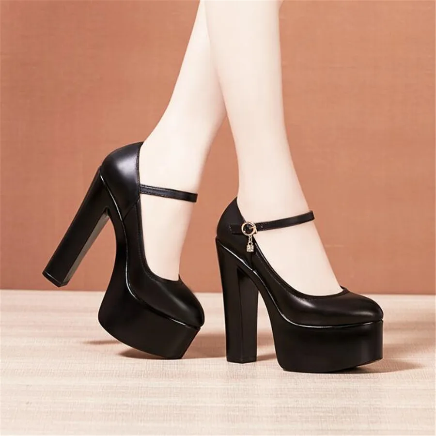 15cm Super High Heels Women's Platform Pumps New Fashion Buckle Solid Black Career Work Shoes Woman High Quality Shoes Femme